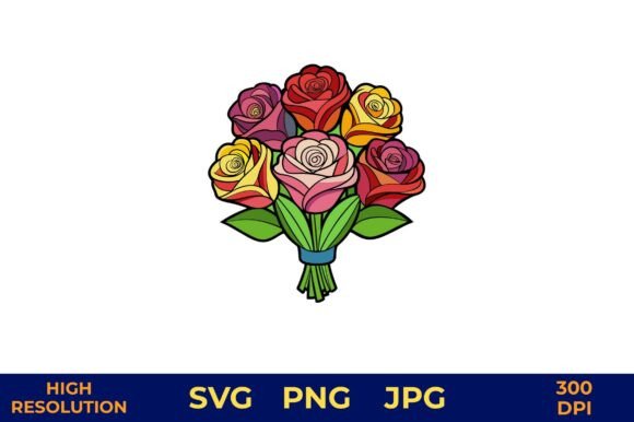 Download Vector Rose Bouquet with Solid Outlines - Rose Collection